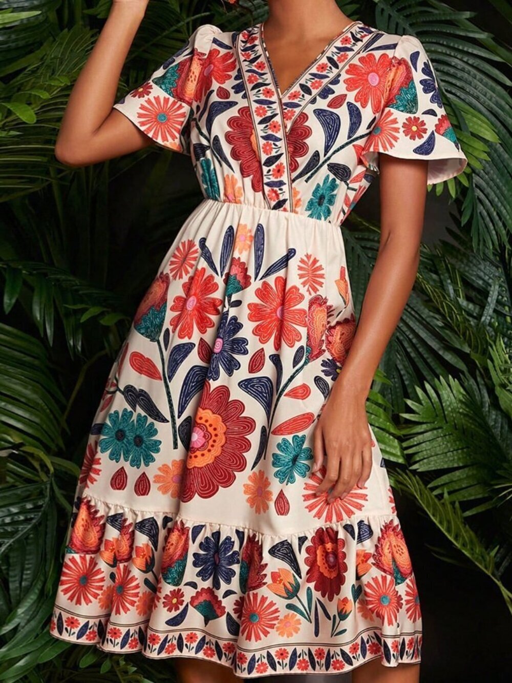 Multicolor Boho Women's Floral Print Butterfly Sleeve midi Dress